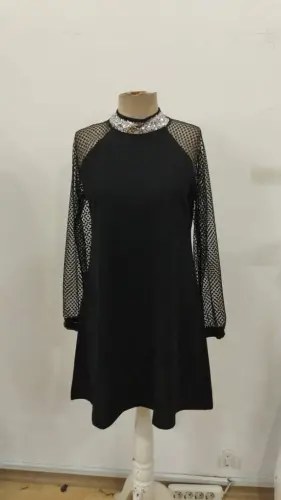 Women's Long Sleeve Mock Neck Sequin Detailed Lace Sleeve Mini Imported Crepe Dress - 7