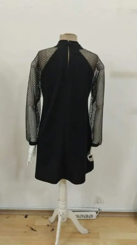 Women's Long Sleeve Mock Neck Sequin Detailed Lace Sleeve Mini Imported Crepe Dress - 8