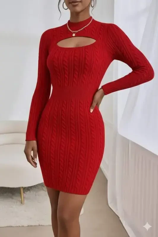Women's Long Sleeve Mock Neck Window Chest Detail Mini Knitted Dress - BÜYÜKBEDENIZ