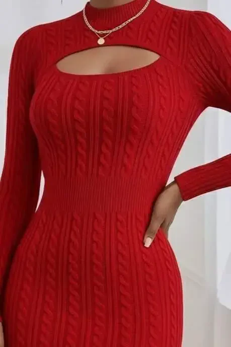 Women's Long Sleeve Mock Neck Window Chest Detail Mini Knitted Dress - 2
