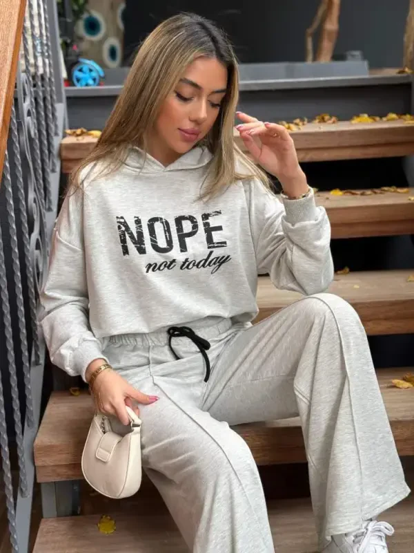 Women's Long Sleeve Nope Printed Ribbed Waist Two Piece Set - 7