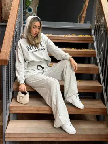 Women's Long Sleeve Nope Printed Ribbed Waist Two Piece Set - 9