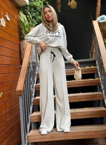 Women's Long Sleeve Nope Printed Ribbed Waist Two Piece Set - 10