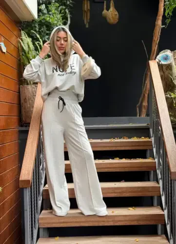 Women's Long Sleeve Nope Printed Ribbed Waist Two Piece Set - 11