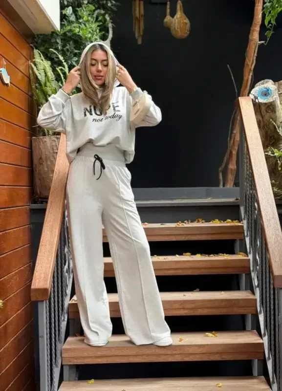 Women's Long Sleeve Nope Printed Ribbed Waist Two Piece Set - 11