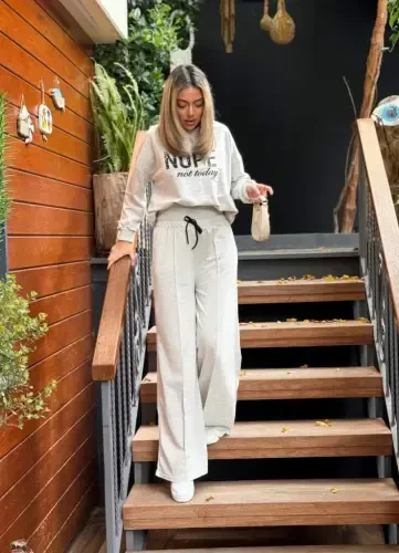 Women's Long Sleeve Nope Printed Ribbed Waist Two Piece Set - 12