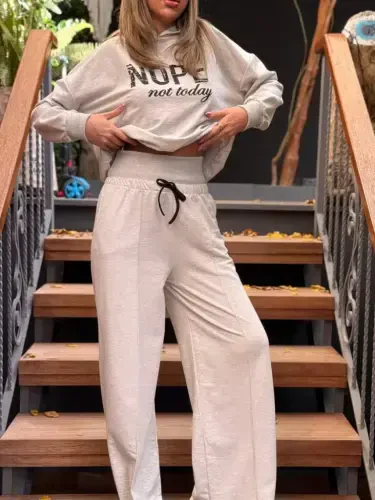 Women's Long Sleeve Nope Printed Ribbed Waist Two Piece Set - 13