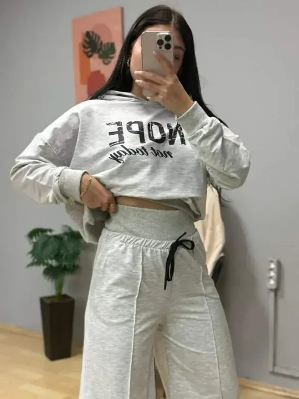 Women's Long Sleeve Nope Printed Ribbed Waist Two Piece Set - 1