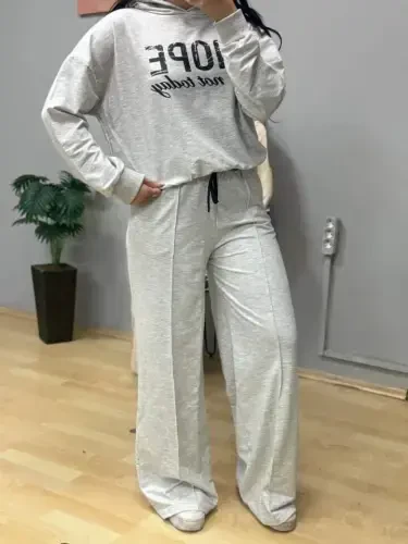 Women's Long Sleeve Nope Printed Ribbed Waist Two Piece Set - 3