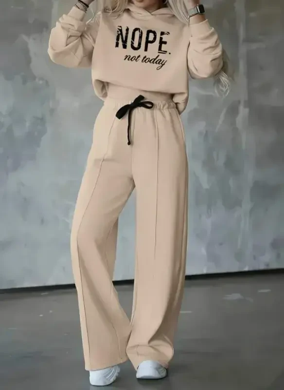 Women's Long Sleeve Nope Printed Ribbed Waist Two Piece Set - BÜYÜKBEDENIZ