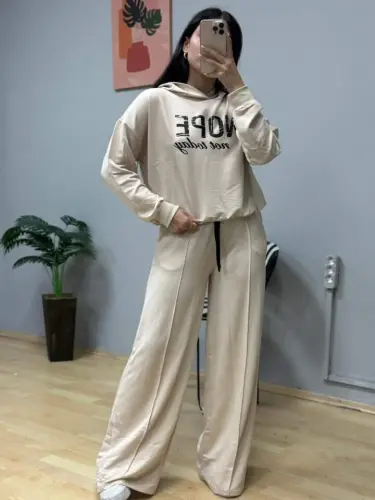 Women's Long Sleeve Nope Printed Ribbed Waist Two-Piece Set - 1