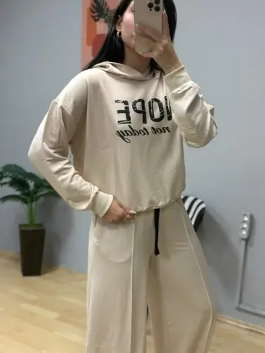 Women's Long Sleeve Nope Printed Ribbed Waist Two-Piece Set - BÜYÜKBEDENIZ (1)