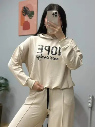 Women's Long Sleeve Nope Printed Ribbed Waist Two-Piece Set - 3