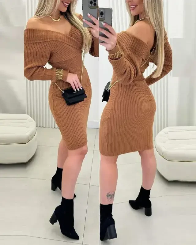 Women's Long Sleeve Off Shoulder Criss Cross Knit Short Dress - 2