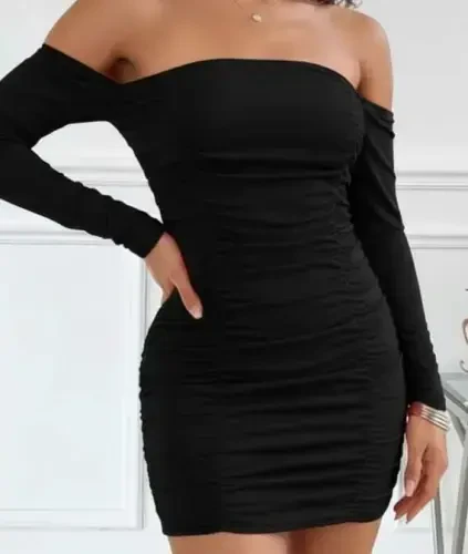 Women's Long Sleeve Off Shoulder Detachable Sleeve Ruched Sandy Mini Dress - BÜYÜKBEDENIZ (1)