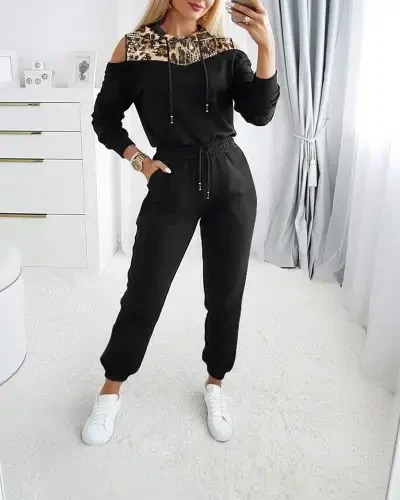 Women's Long Sleeve Off Shoulder Leopard Print Hooded Viscose Two Thread Blouse and Pants Set - 1