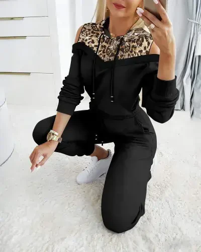 Women's Long Sleeve Off Shoulder Leopard Print Hooded Viscose Two Thread Blouse and Pants Set - 3