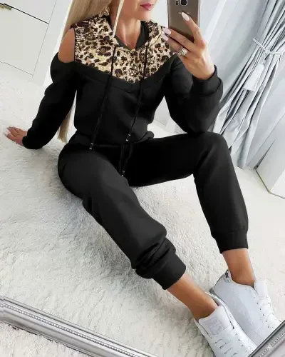 Women's Long Sleeve Off Shoulder Leopard Print Hooded Viscose Two Thread Blouse and Pants Set - 5