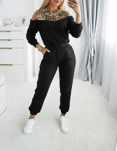 Women's Long Sleeve Off Shoulder Leopard Print Hooded Viscose Two Thread Blouse and Pants Set - BÜYÜKBEDENIZ (1)