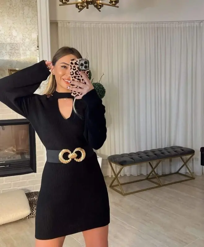 Women's Long Sleeve Off Shoulder Neck Strap Detail Bustier Dress - 2