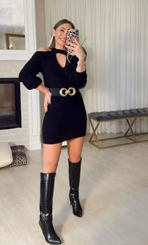 Women's Long Sleeve Off Shoulder Neck Strap Detail Bustier Dress - 3