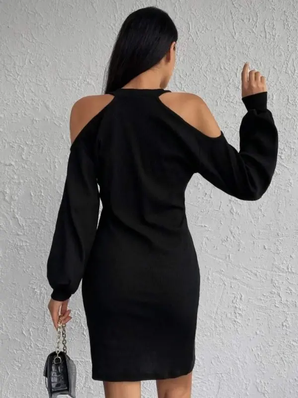 Women's Long Sleeve Off Shoulder Neck Strap Detail Bustier Dress - 5