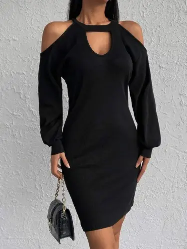 Women's Long Sleeve Off Shoulder Neck Strap Detail Bustier Dress - 6