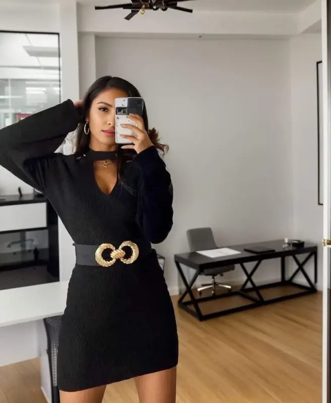 Women's Long Sleeve Off Shoulder Neck Strap Detail Bustier Dress - 8