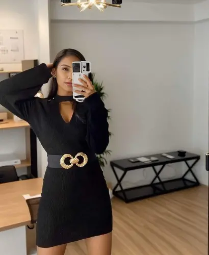 Women's Long Sleeve Off Shoulder Neck Strap Detail Bustier Dress - 10