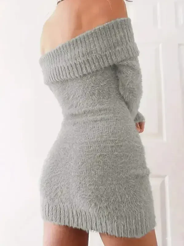 Women's Long Sleeve Off Shoulder Short Fleece Knitted Dress - 2
