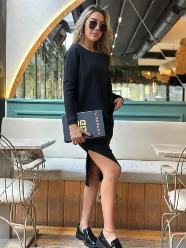 Women's Long Sleeve Off Shoulder Slit Detail Ribbed Skirt Blouse Two Piece Set - 3