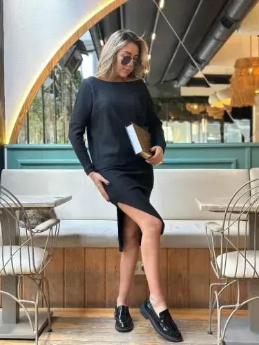 Women's Long Sleeve Off Shoulder Slit Detail Ribbed Skirt Blouse Two Piece Set - 4