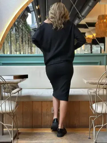 Women's Long Sleeve Off Shoulder Slit Detail Ribbed Skirt Blouse Two Piece Set - 5