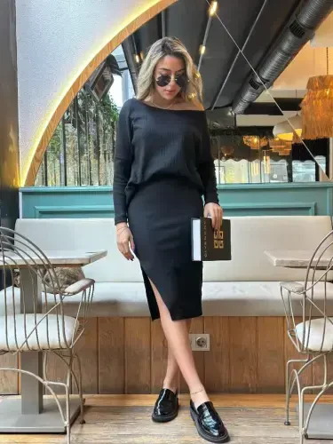 Women's Long Sleeve Off Shoulder Slit Detail Ribbed Skirt Blouse Two Piece Set - 6