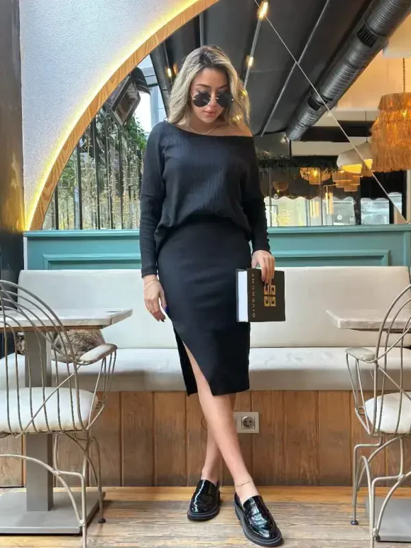 Women's Long Sleeve Off Shoulder Slit Detail Ribbed Skirt Blouse Two Piece Set - 6