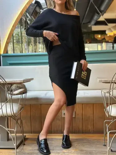 Women's Long Sleeve Off Shoulder Slit Detail Ribbed Skirt Blouse Two Piece Set - 9