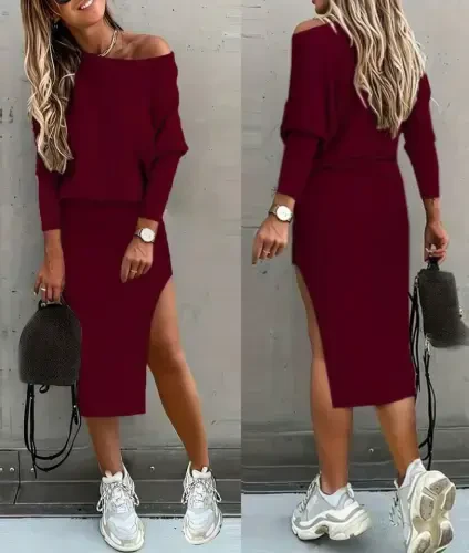 Women's Long Sleeve Off Shoulder Slit Detail Ribbed Skirt Blouse Two Piece Set - 1