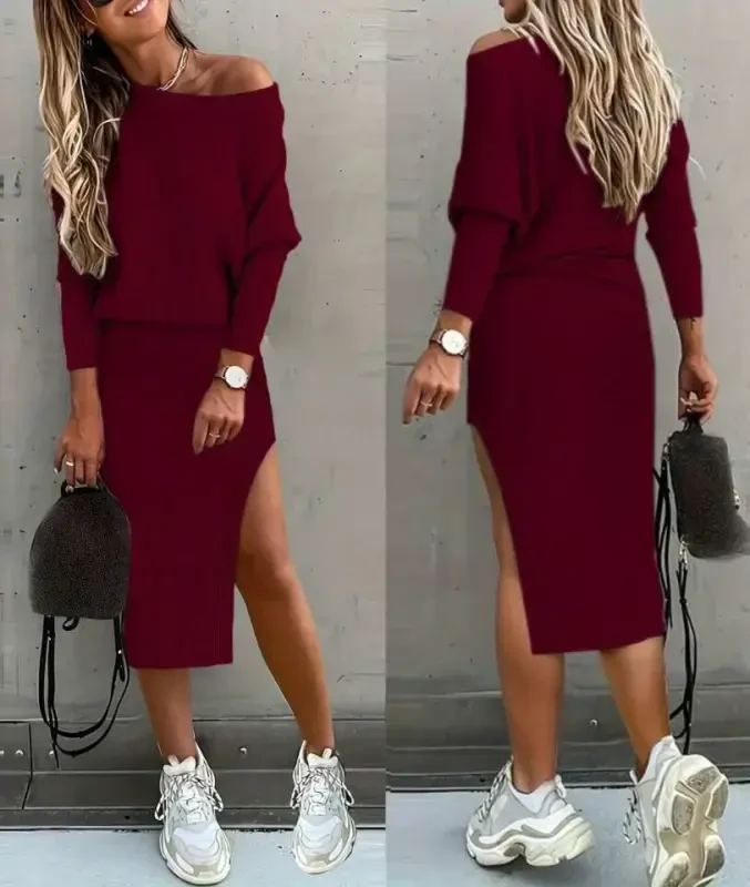 Women's Long Sleeve Off Shoulder Slit Detail Ribbed Skirt Blouse Two Piece Set - 1