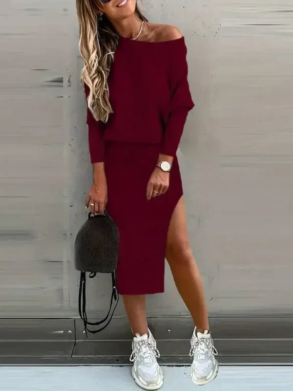 Women's Long Sleeve Off Shoulder Slit Detail Ribbed Skirt Blouse Two Piece Set - 2