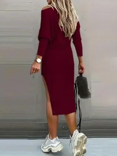 Women's Long Sleeve Off Shoulder Slit Detail Ribbed Skirt Blouse Two Piece Set - 3