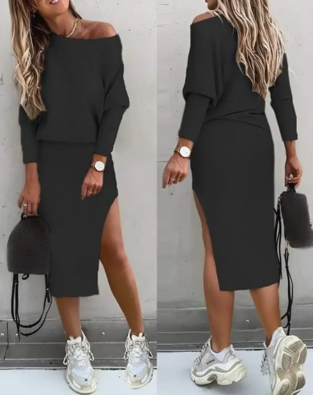 Women's Long Sleeve Off-Shoulder Slit Detail Ribbed Skirt Blouse Two-Piece Set - BÜYÜKBEDENIZ