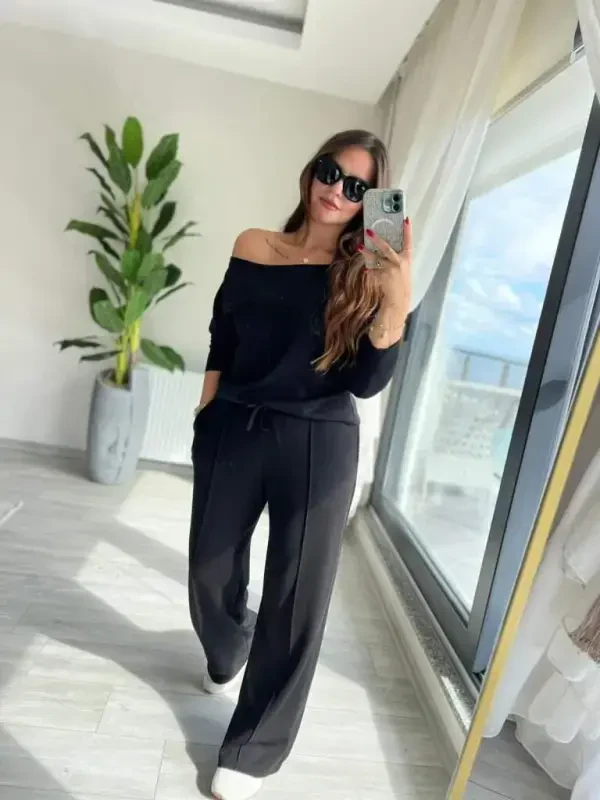 Women's Long Sleeve One Shoulder Cut Out Modal Blouse And Pants Set - BÜYÜKBEDENIZ