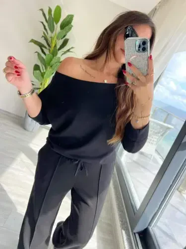 Women's Long Sleeve One Shoulder Cut Out Modal Blouse And Pants Set - 3