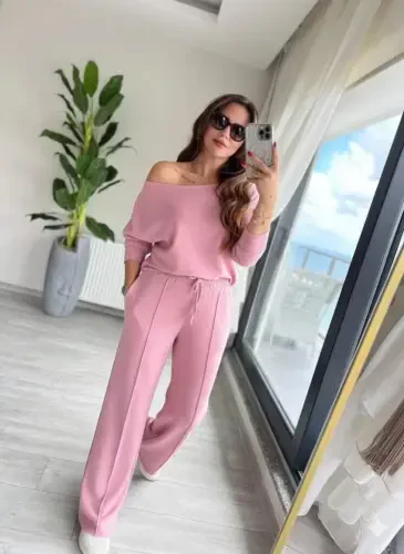 Women's Long Sleeve One Shoulder Cut Out Plunge Blouse And Pants Set - 1