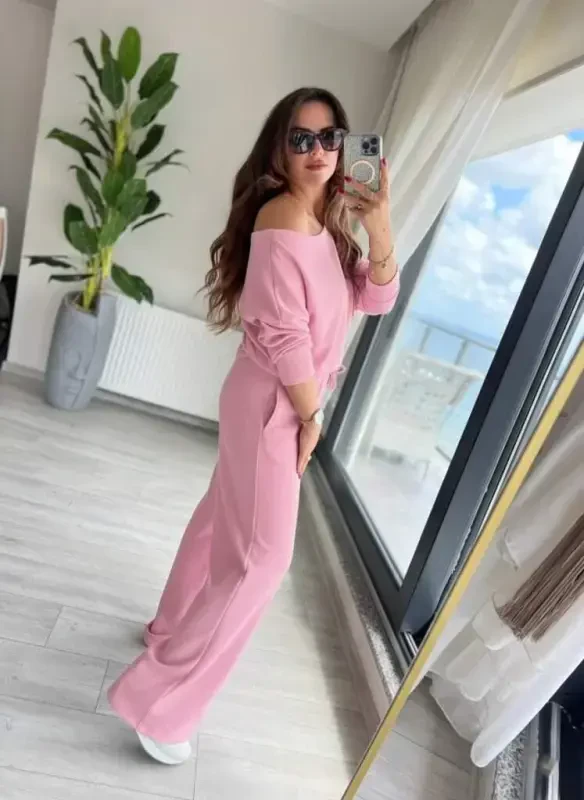 Women's Long Sleeve One Shoulder Cut Out Plunge Blouse And Pants Set - 2