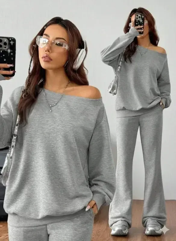 Women's Long Sleeve One Shoulder Cut Out Two Thread Blouse and Pants Set - BÜYÜKBEDENIZ