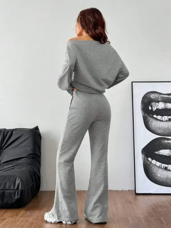 Women's Long Sleeve One Shoulder Cut Out Two Thread Blouse and Pants Set - 3