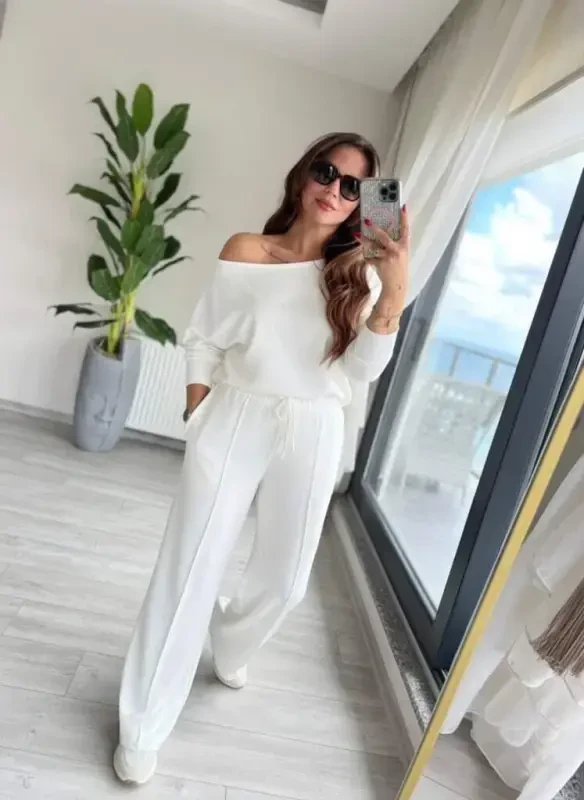 Women's Long Sleeve One Shoulder Cutout Plunge Top & Pants Set - BÜYÜKBEDENIZ