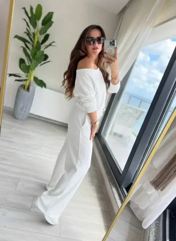 Women's Long Sleeve One Shoulder Cutout Plunge Top & Pants Set - 2