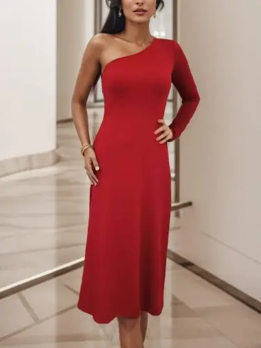 Women's Long Sleeve One Shoulder Detail Crepe Dress - 6